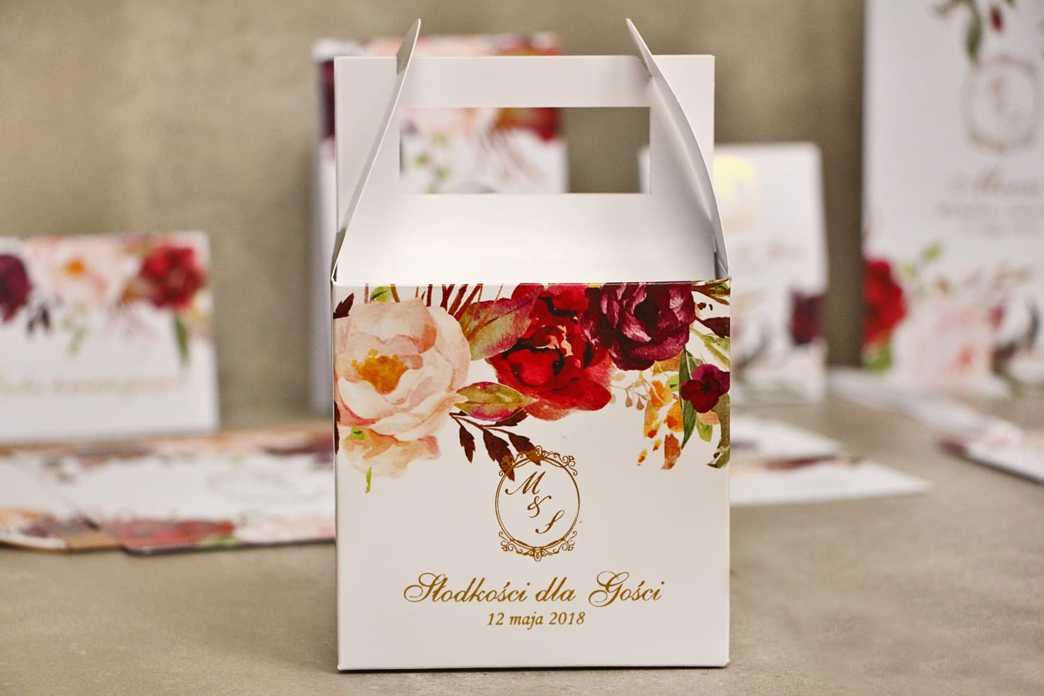Pudełka na Ciasto Weselne z Rączką, Złocone, Kwiaty | Podziękowania dla Gości, Opakowania | Sorento nr 7