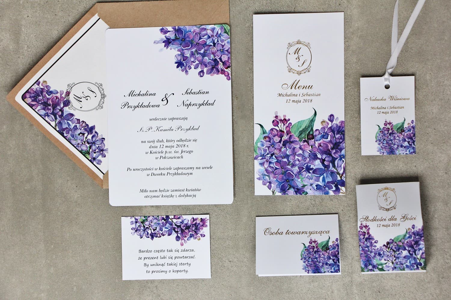 Zaproszenia ślubne jednokartkowe glamour z fioletowym bzem i złoceniem – Sorento nr 11