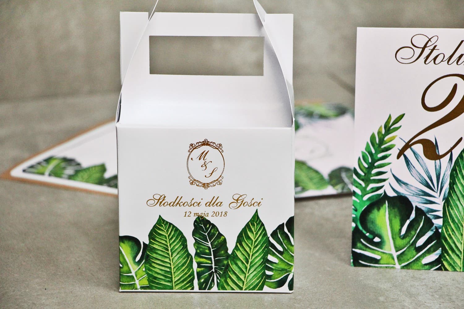 Złocone Pudełka na Ciasto Greenery | Personalizowane Opakowania Weselne dla Gości | Sorento nr 12