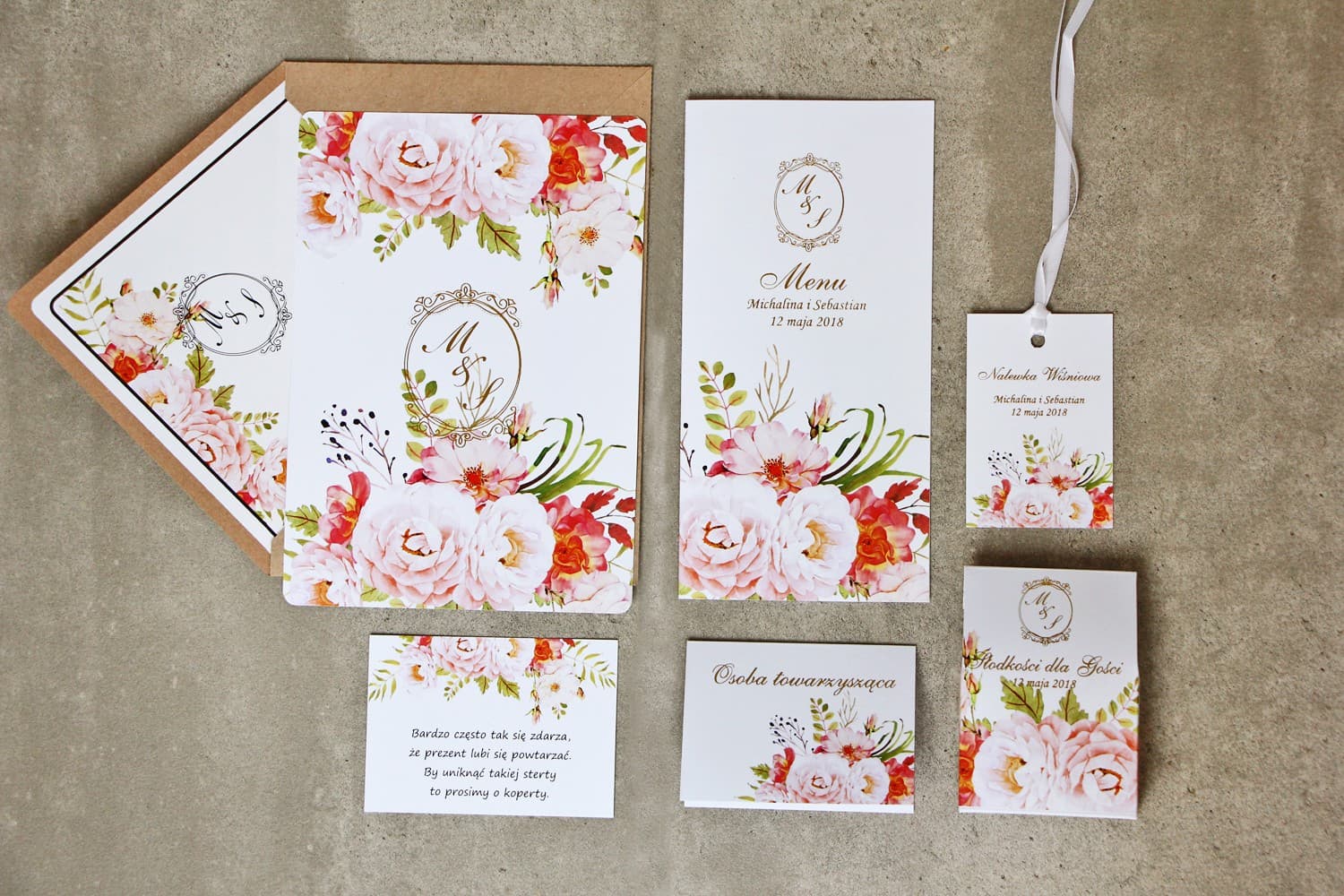 Próbki Zaproszeń Ślubnych Kwiatowe Złocone | Zestaw Papeterii z Piwonią i Różą | Sorento nr 13