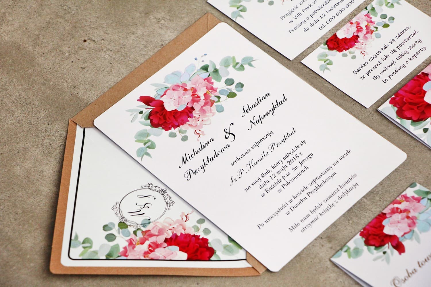 Zaproszenia ślubne z amarantową piwonią, hortensją i złoceniem – Sorento nr 14 - 3