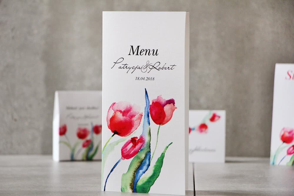 Składane menu weselne z akwarelowym wiankiem czerwonych tulipanów | Eleganckie karty menu na stół | Pistacjowe nr 5