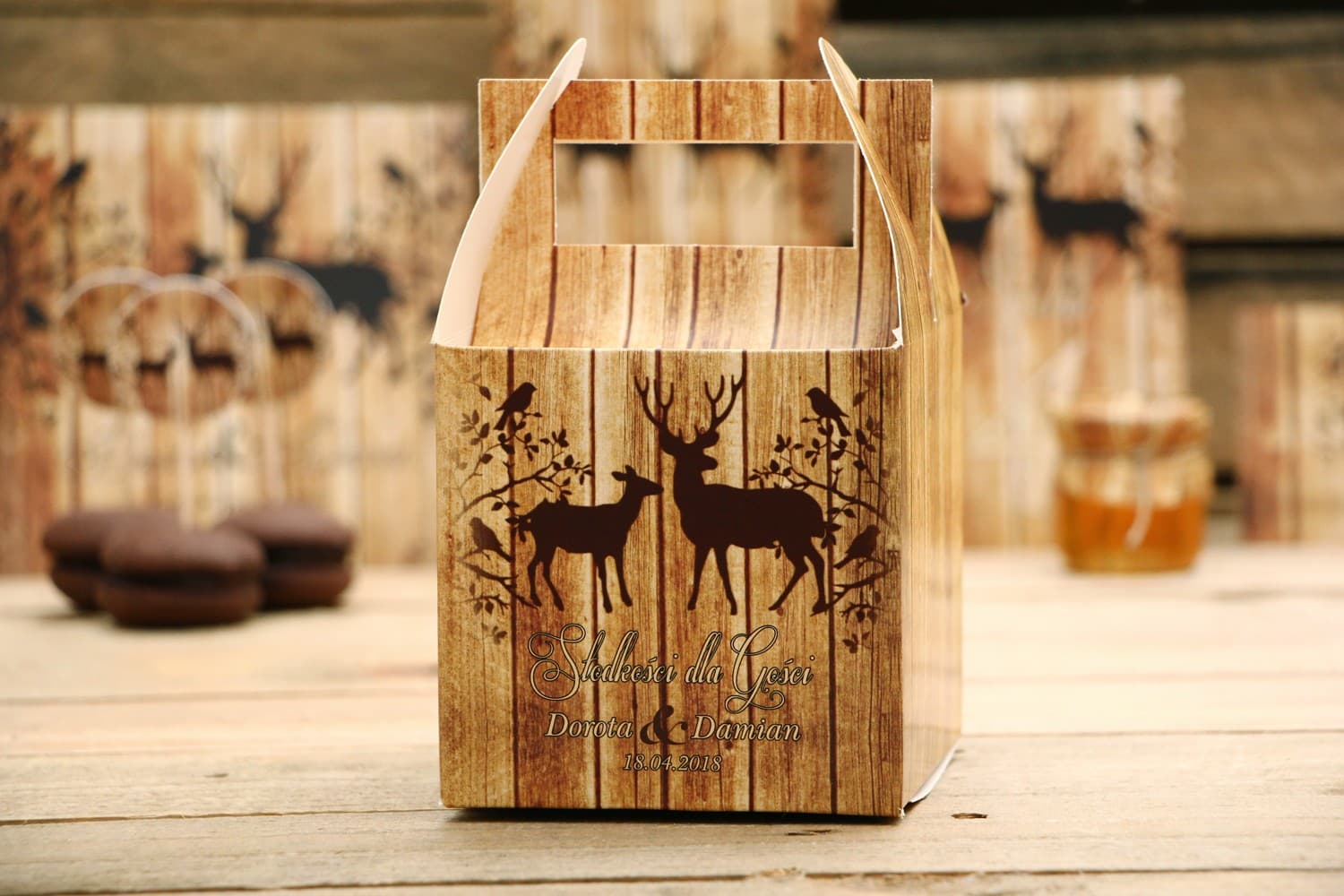 Rustykalne Pudełko na Ciasto z Jeleniem Leśny Motyw | Pudełka na Ciasto Weselne dla Gości | Rustykalne nr 3