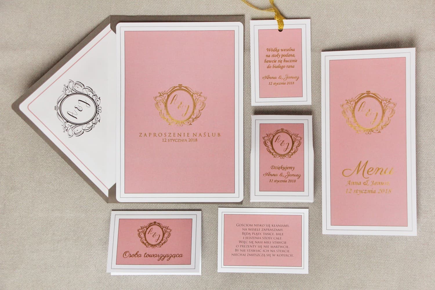 Zaproszenia ślubne jednokartkowe glamour złocone na pudrowym różu – Sonata nr 2