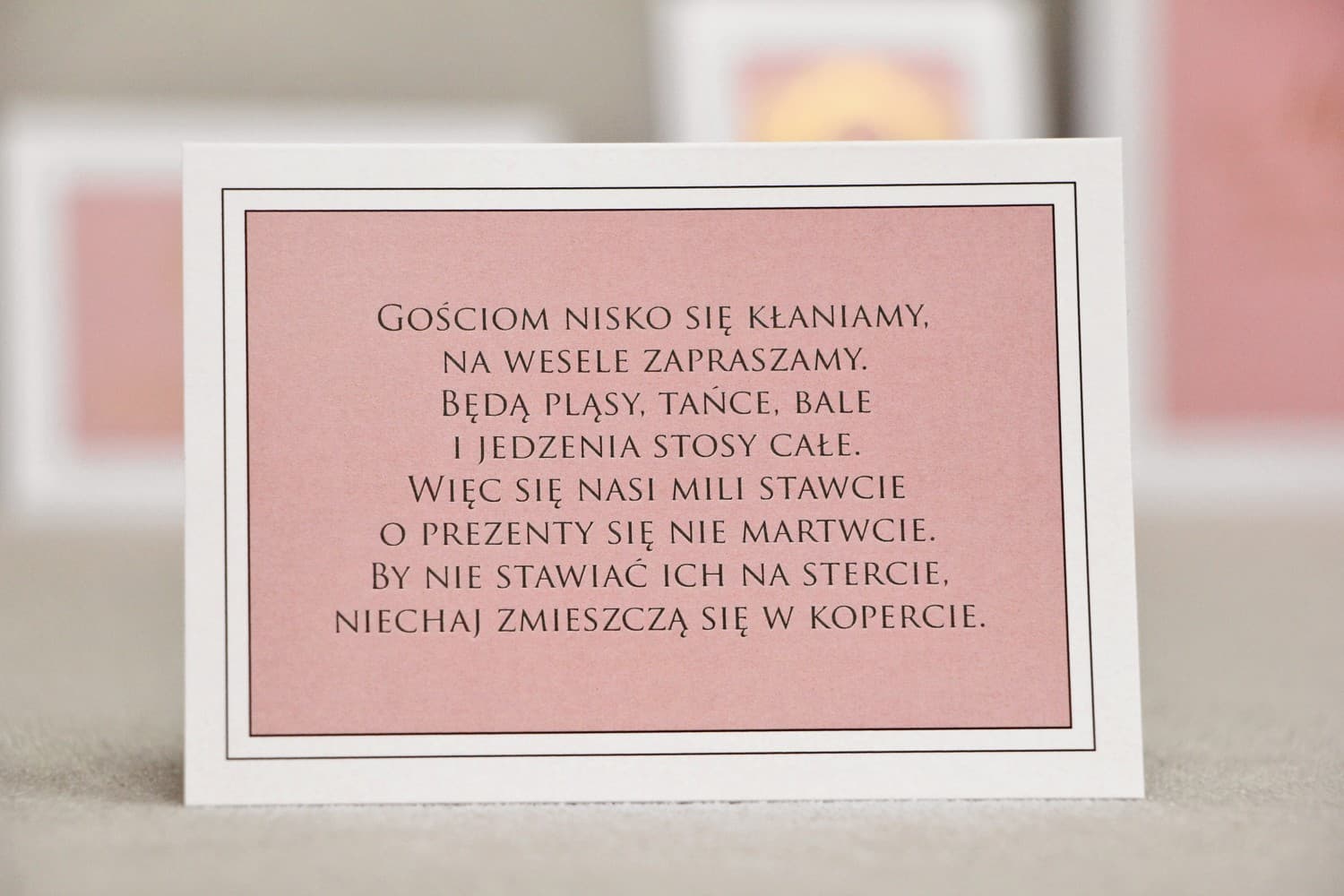 Eleganckie Bileciki do Zaproszeń Pudrowy Róż | Wkładki Ślubne Informacyjne, RSVP | Sonata nr 2