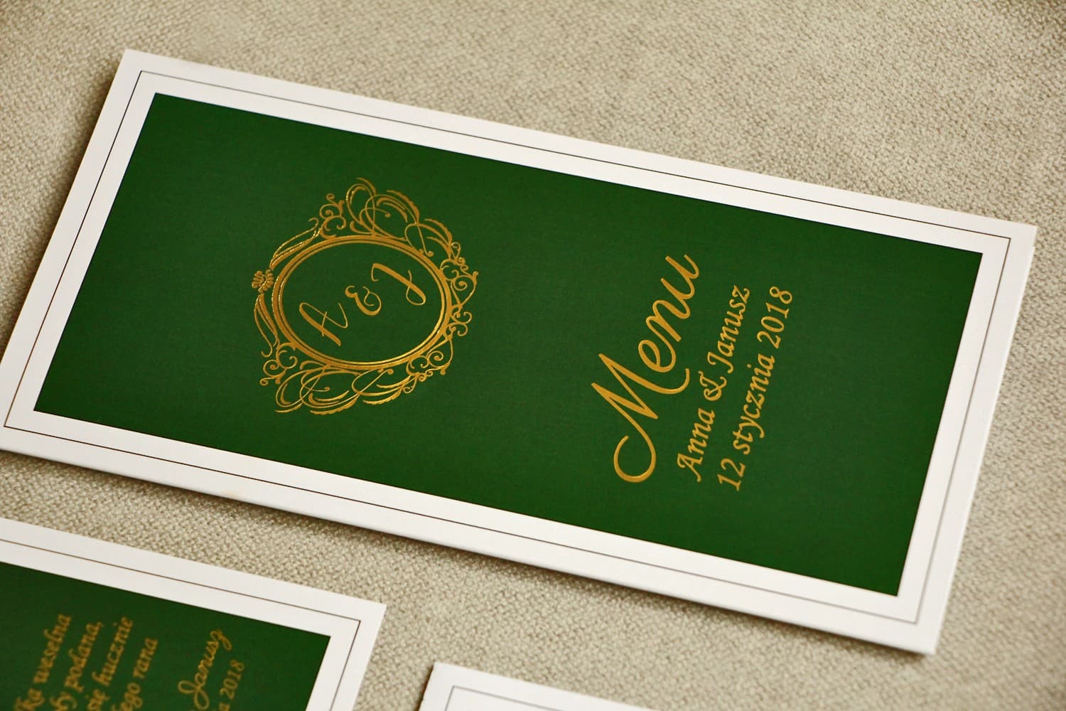 Eleganckie Złocone Menu Weselne Butelkowa Zieleń | Karta Menu na Stół Weselny Glamour | Sonata nr 7