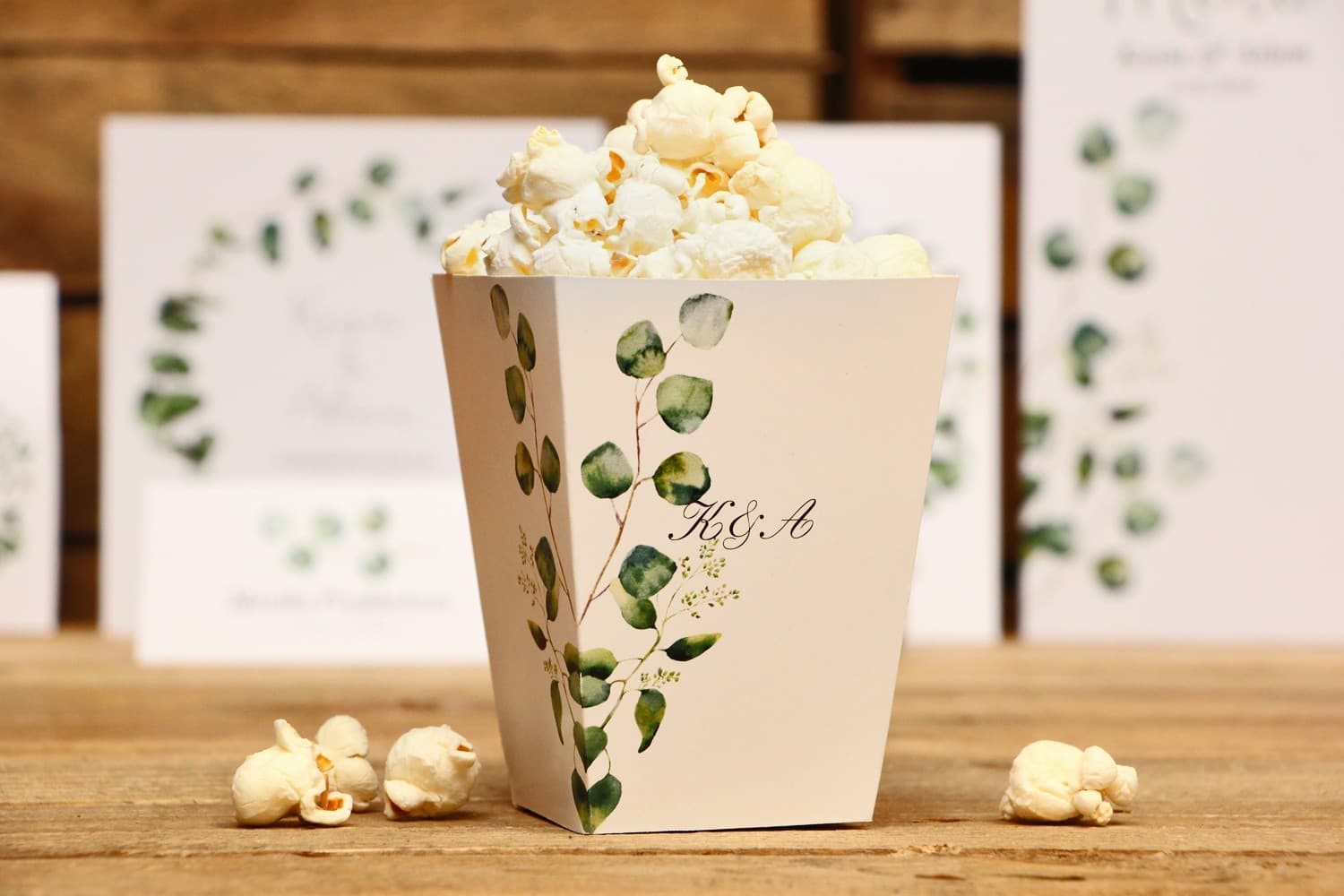 Pudełka na Popcorn Greenery Eukaliptus Personalizowane | Pudełka na Słodycze Weselne | Kalia nr 2