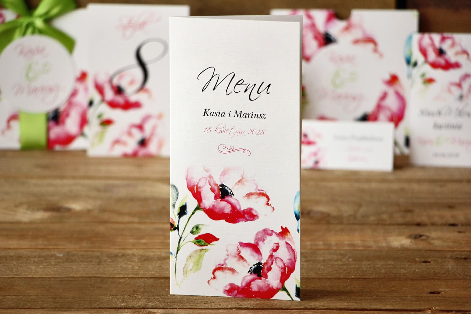 Menu Weselne Składane z Anemonami, Amarantowe Kwiaty | Karta Menu na Stół Weselny | Malowane Kwiaty nr 6