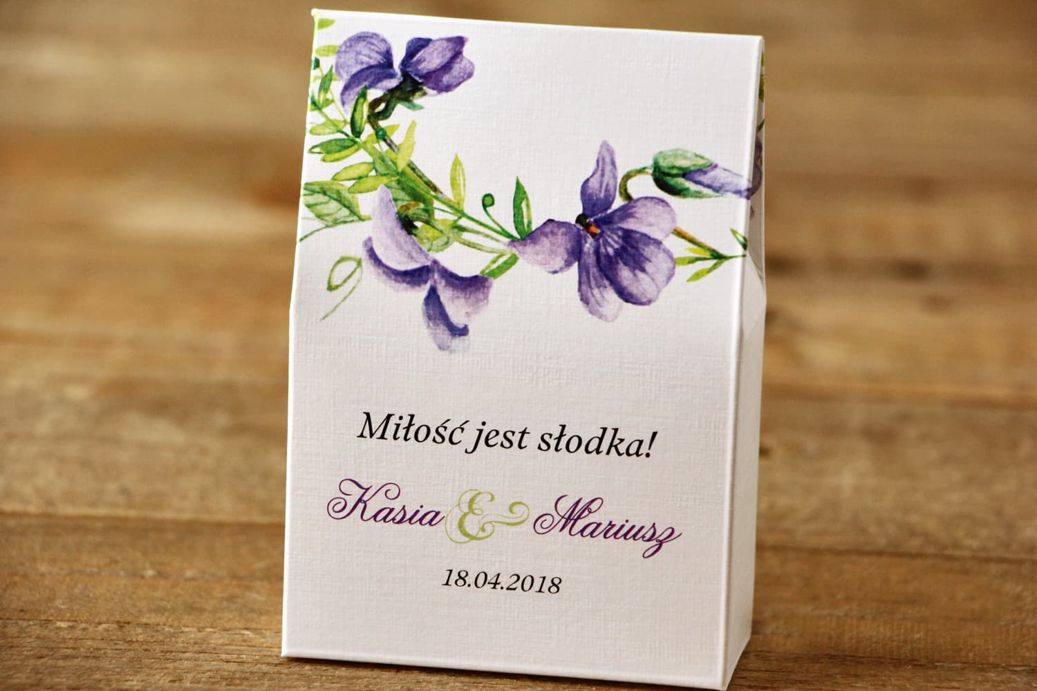Pudełeczka Podziękowania dla Gości Weselnych z Cukierkami, Fioletowe Kwiaty | Malowane Kwiaty nr 11