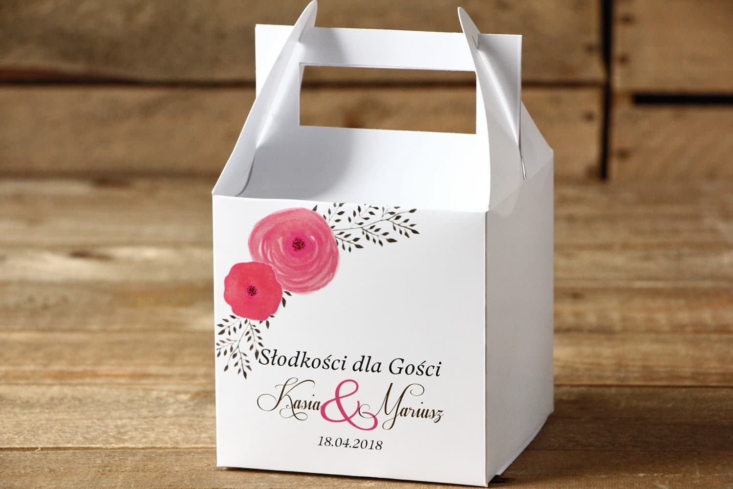 Eleganckie pudełko na ciasto weselne z rączką, personalizowane | Podziękowania dla gości | Malowane Kwiaty nr 19