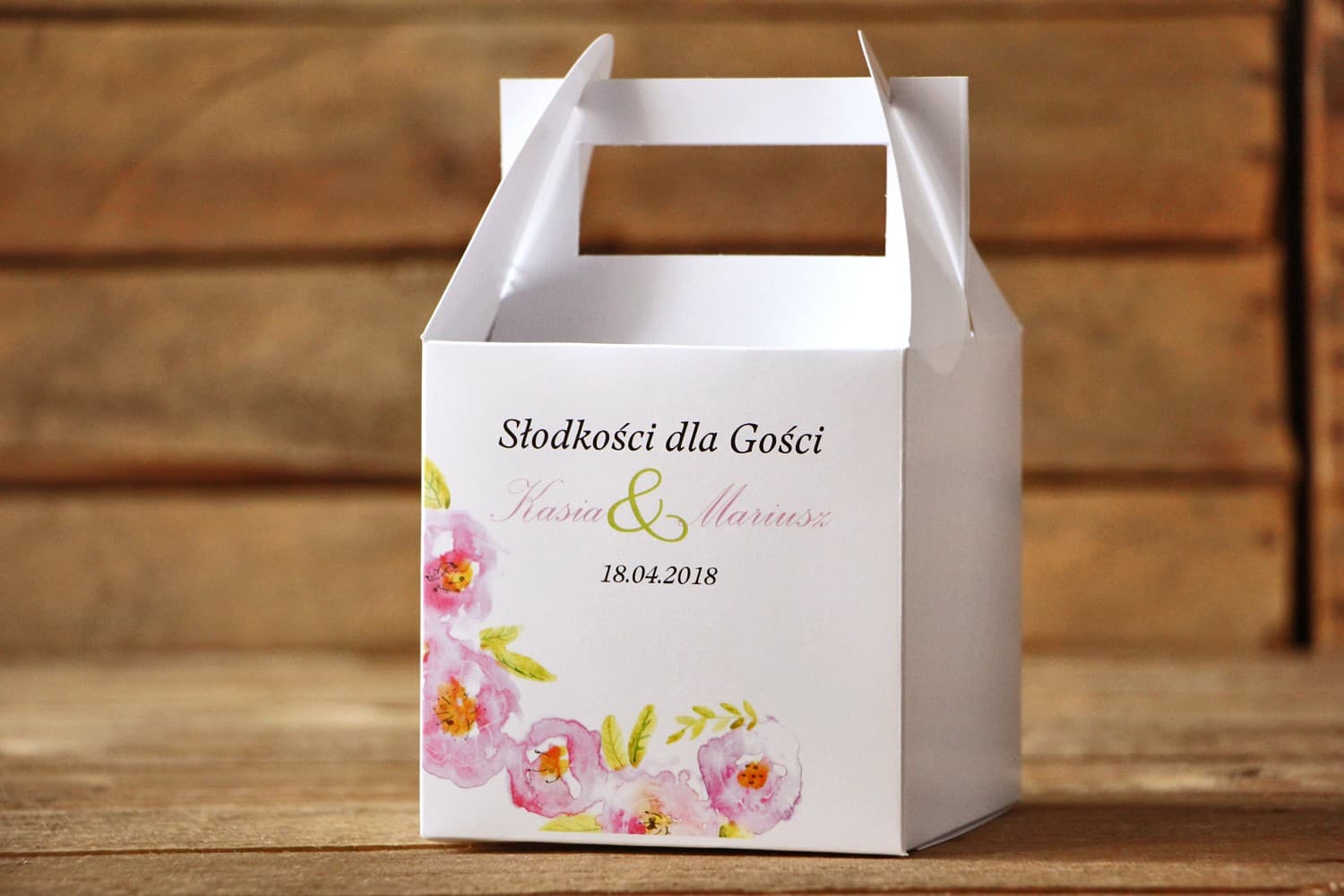 Kwadratowe pudełko na ciasto z uchwytem i personalizacją | Podziękowania dla gości | Malowane Kwiaty nr 20