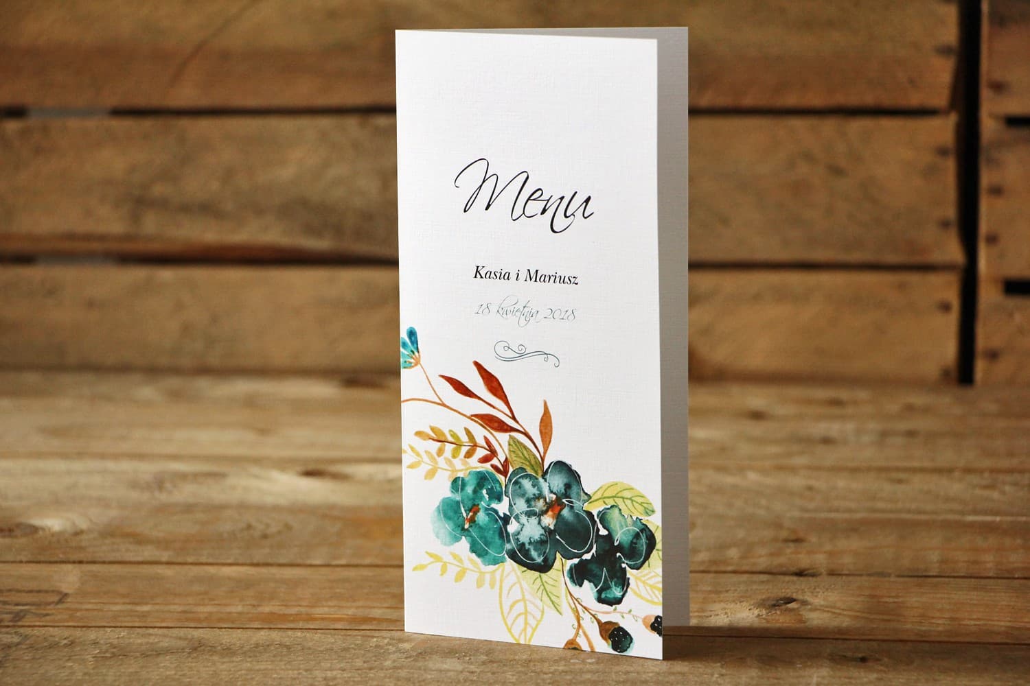 Menu Weselne Szmaragdowe Kwiaty Akwarela | Elegancka Karta Menu na Stół | Malowane Kwiaty nr 21