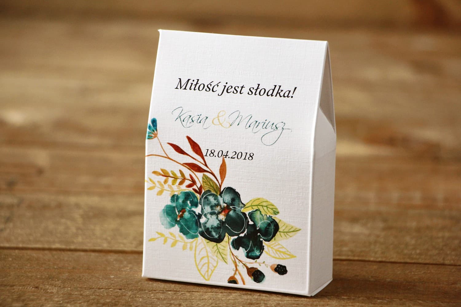 Pudełeczka ze słodyczami, szmaragdowe kwiaty | Podziękowania dla gości weselnych | Malowane Kwiaty nr 21