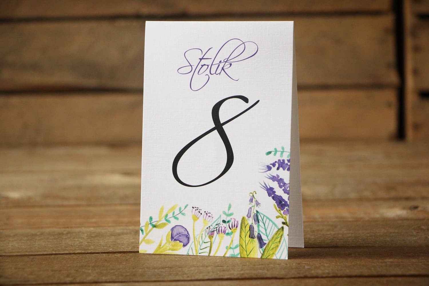 Numery na stół akwarela fioletowe kwiaty | Numerki na stoły weselne | Malowane Kwiaty nr 22