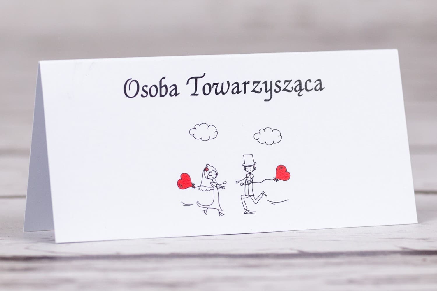 Winietki Ślubne Bueno nr 5 – Wizytówki na Stół z Rysunkiem Pary Młodej i Balonami