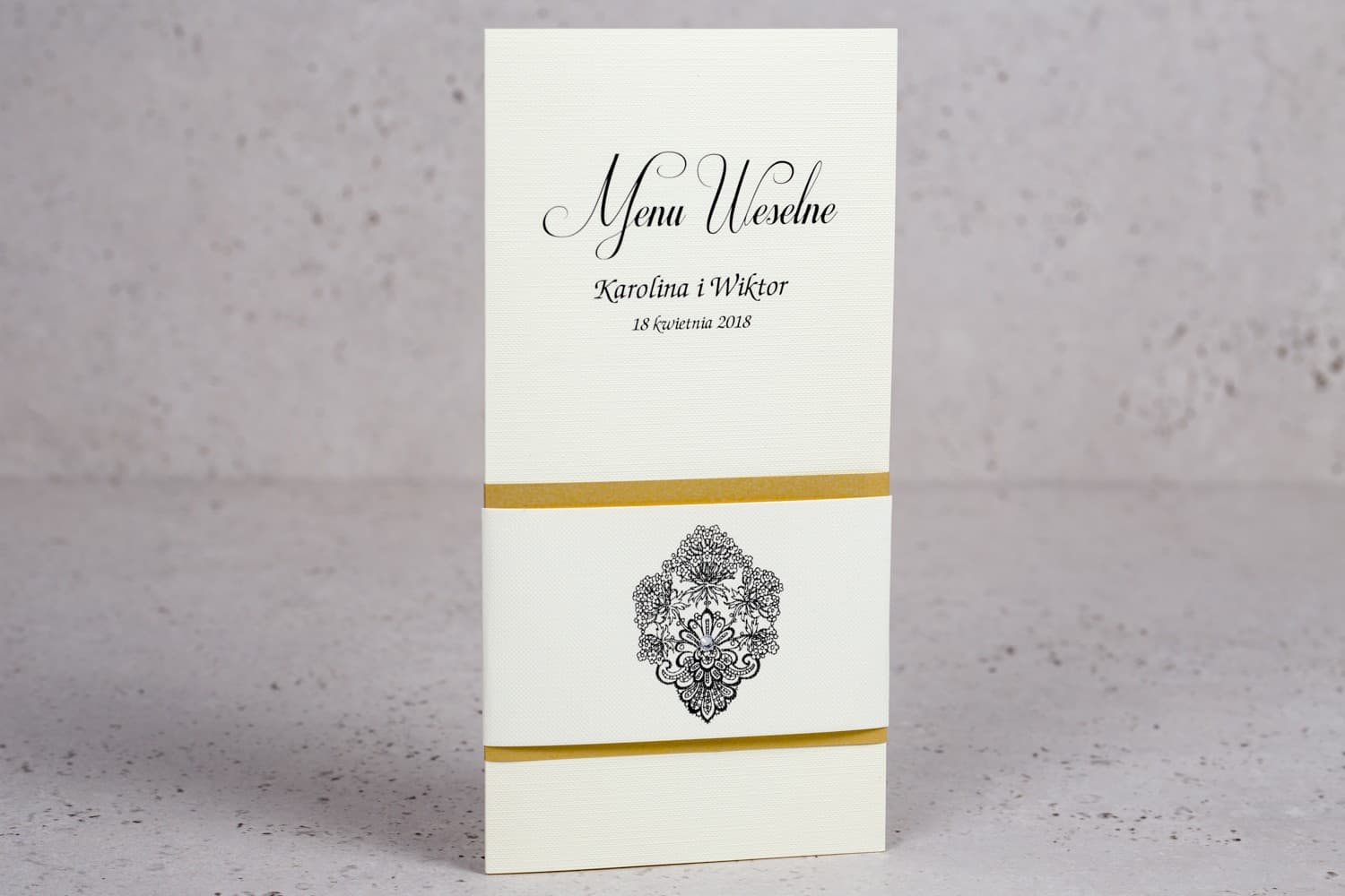 Eleganckie Menu Weselne Złocone z Ozdobnym Srebrnym Akcentem | Karta Menu na Stół Weselny | Moreno nr 1
