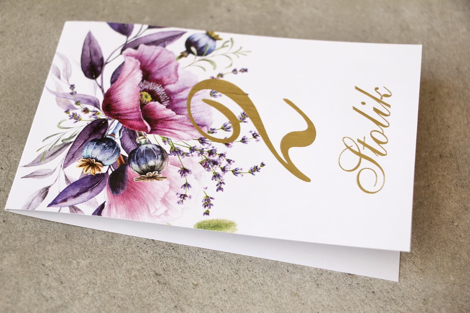 Złocone Numery na Stół Weselny Fioletowe Maki Lawenda | Numerki na Stół Glamour | Sorento nr 15