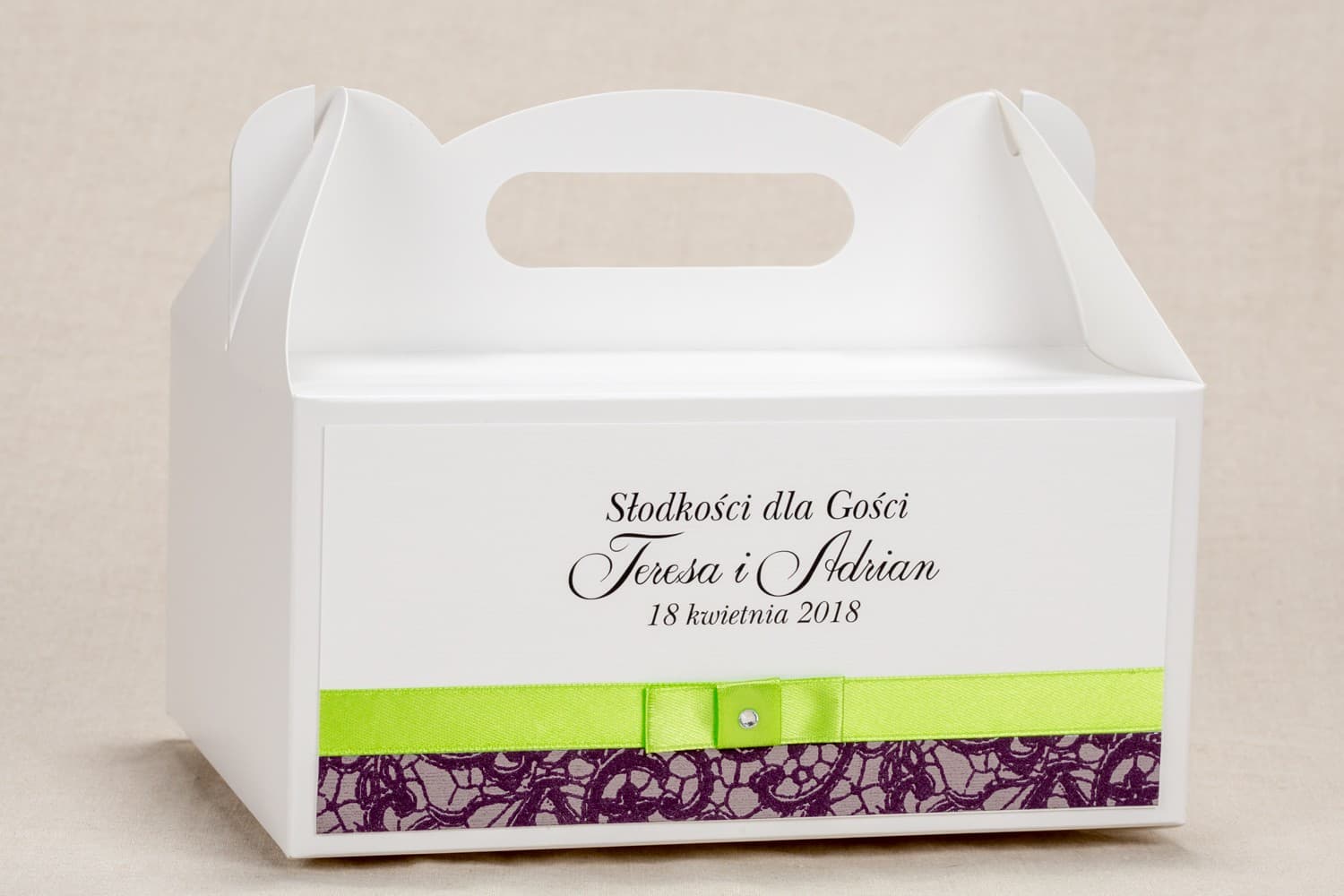 Eleganckie Pudełka na Ciasto Weselne Fioletowa Koronka | Opakowania na Podziękowania dla Gości | Klaris nr 1