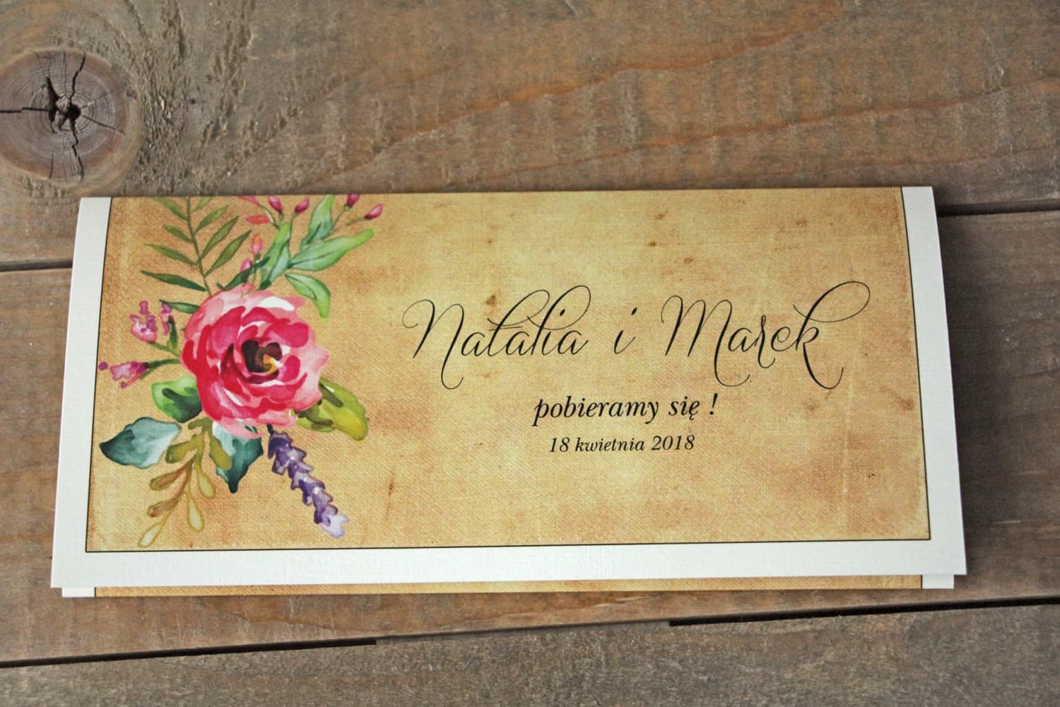 Zaproszenia ślubne w stylu boho z karmelowymi kwiatami na papierze lnianym – Karmelowe nr 1