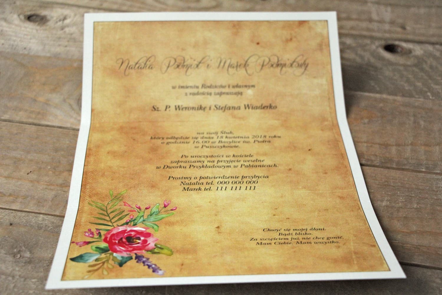 Zaproszenia ślubne w stylu boho z karmelowymi kwiatami na papierze lnianym – Karmelowe nr 1 - 3