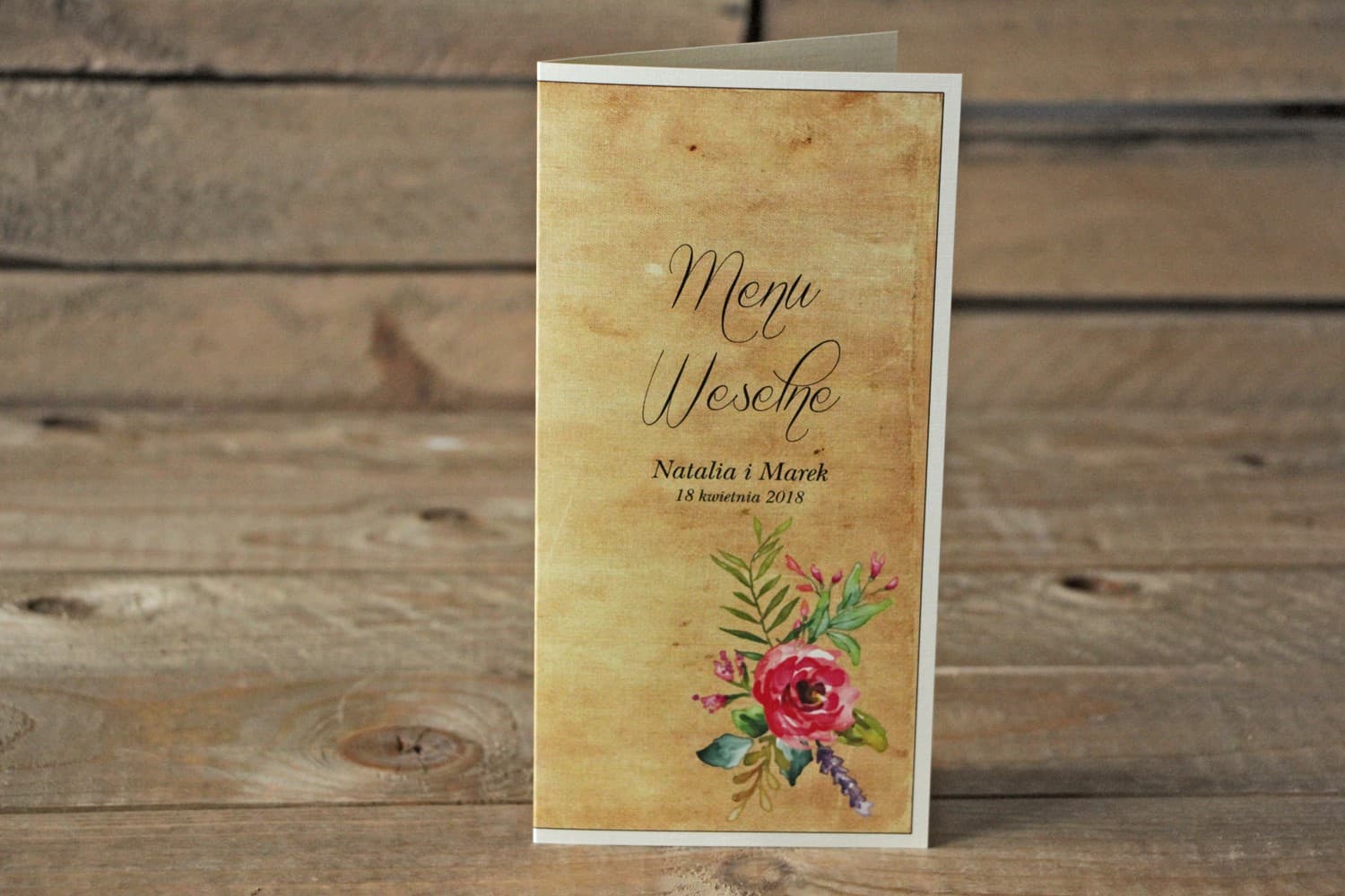 Rustykalne Menu Weselne Składane z Kwiatami Boho | Karta Menu na Stół Weselny | Karmelowe nr 1