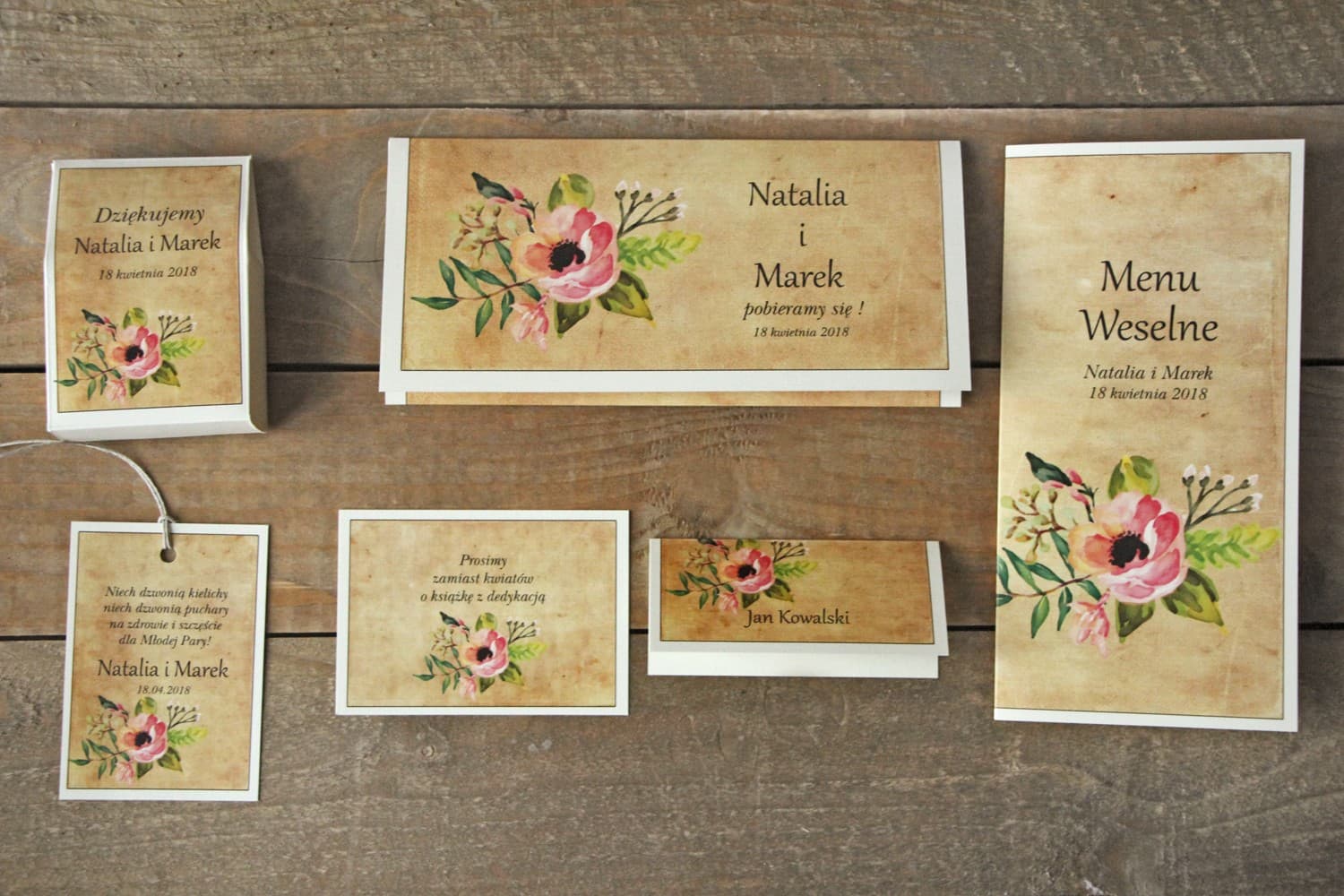 Zestaw Próbek Papeterii Ślubnej Boho | Próbki Zaproszeń Ślubnych Rustykalne z Kwiatami | Karmelowe nr 2