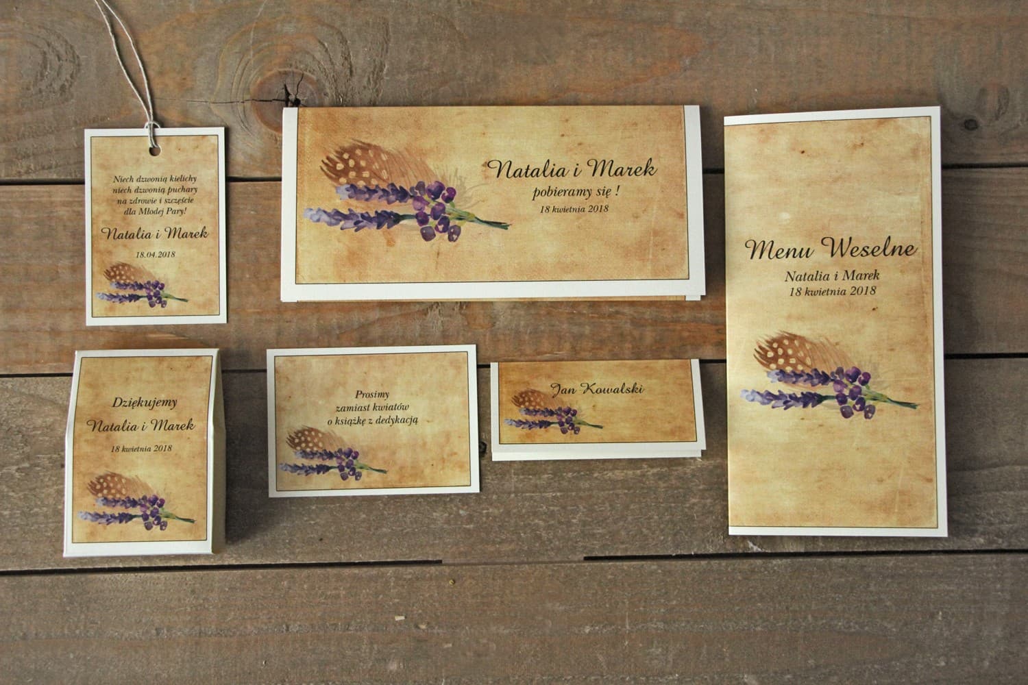 Próbki Zaproszeń Ślubnych Boho z Piórkiem | Zestaw Próbny Papeterii Ślubnej | Karmelowe nr 3