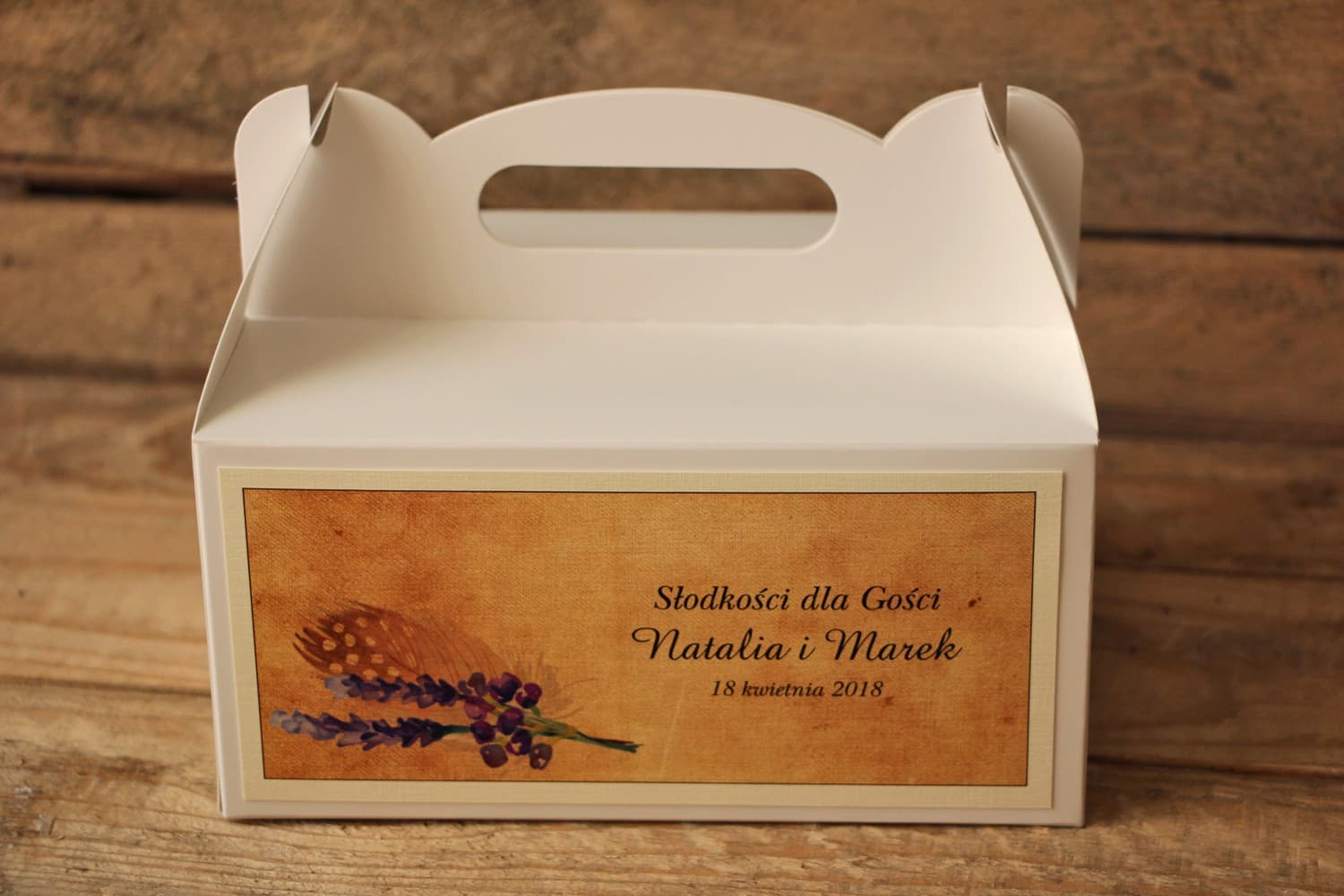Pudełko na Ciasto Weselne Boho z Rączką | Rustykalne Podziękowanie dla Gości | Karmelowe nr 3