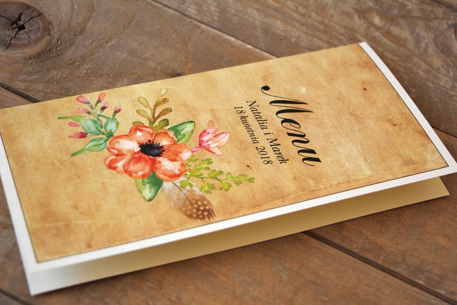Menu Weselne Pomarańczowe Kwiaty Rustykalne Boho | Karta Menu na Stół Weselny | Karmelowe nr 4