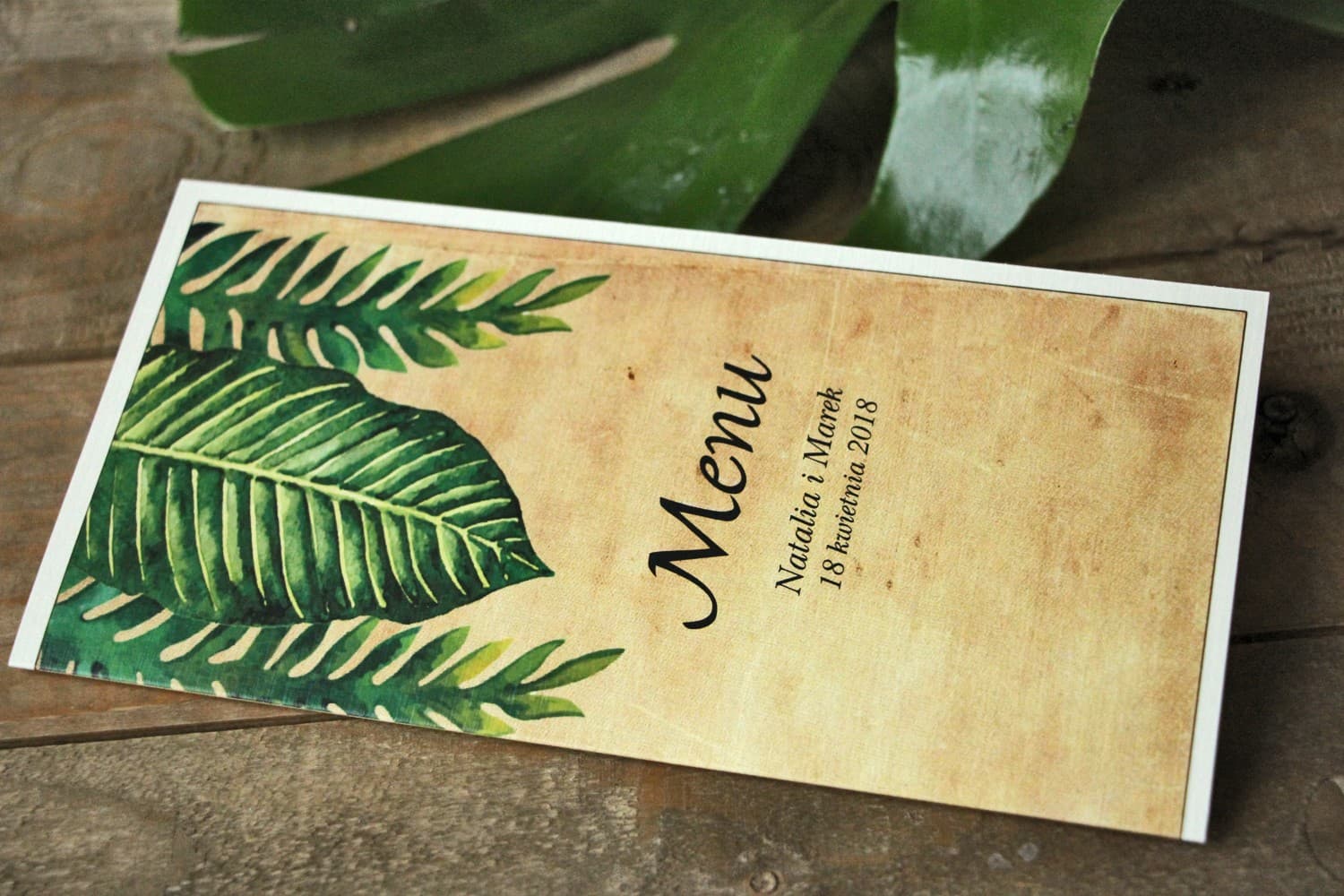 Rustykalne Menu Weselne z Paprocią, Zielone | Menu Ślubne Greenery DL | Karmelowe Nr 5