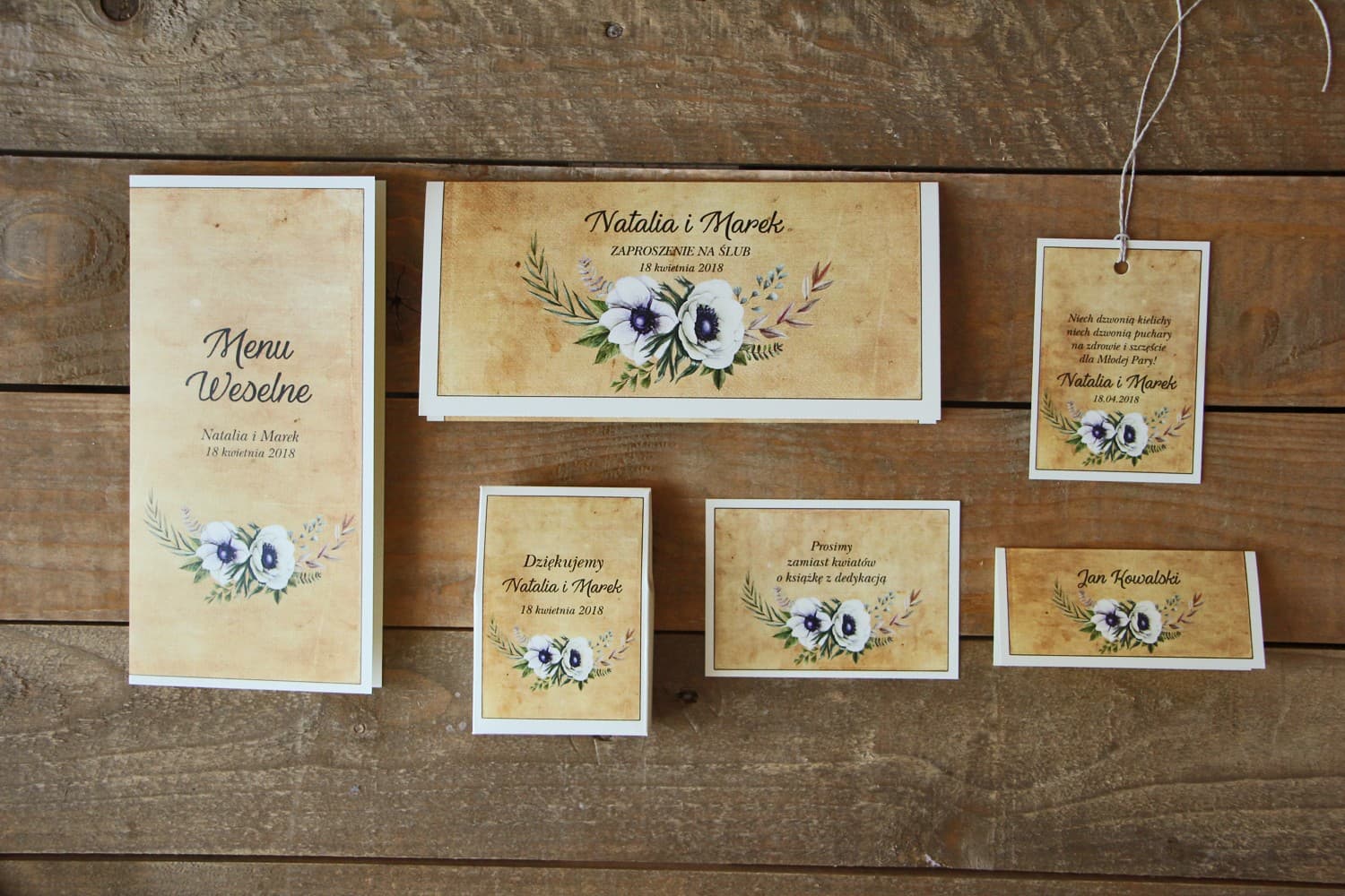 Zaproszenia ślubne rustykalne z białymi zawilcami na papierze lnianym – Karmelowe nr 7 - 3