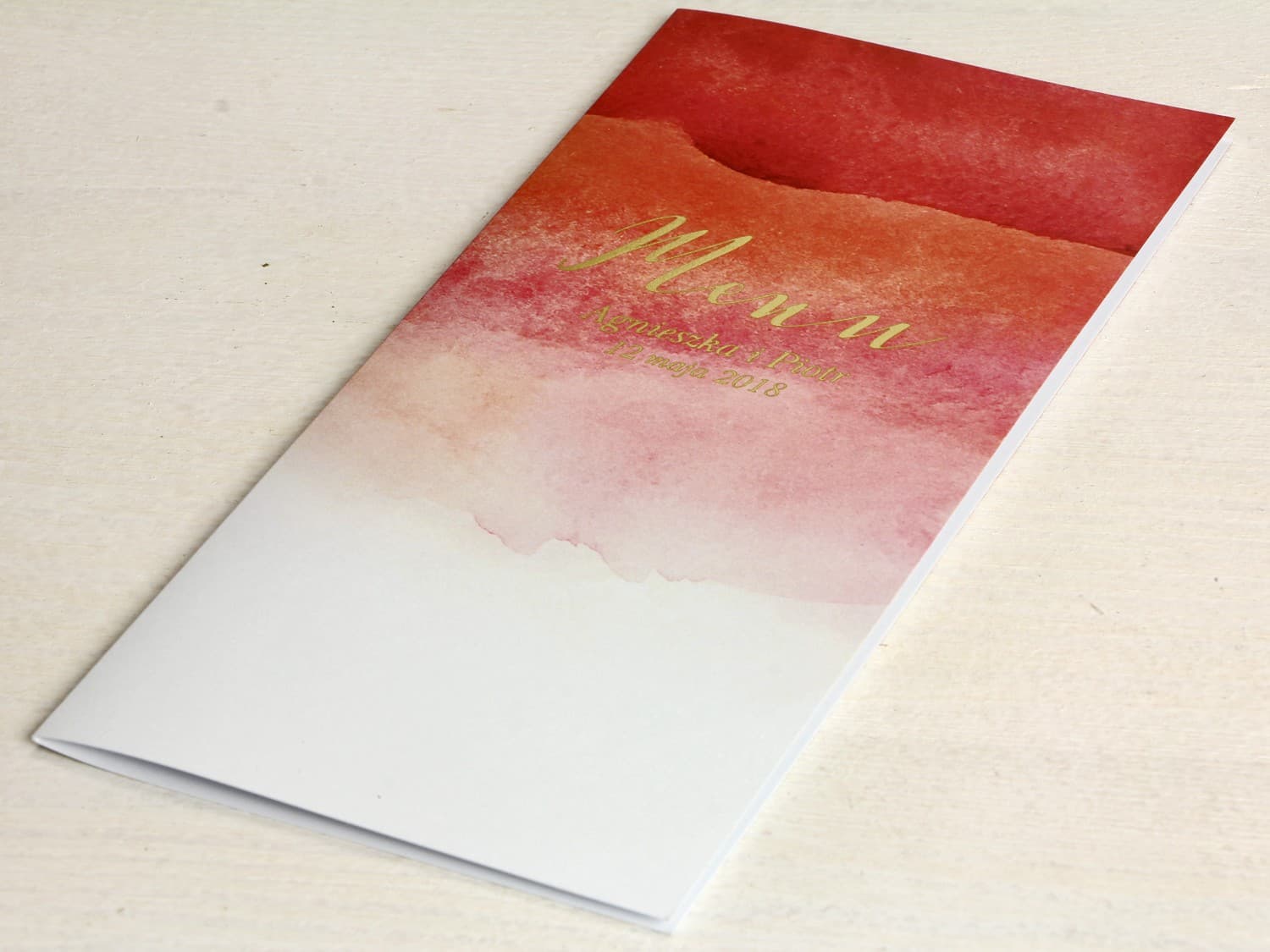 Eleganckie Złocone Menu Weselne w Czerwieni | Akwarelowa Karta Dań na Stół | Delfina Nr 1