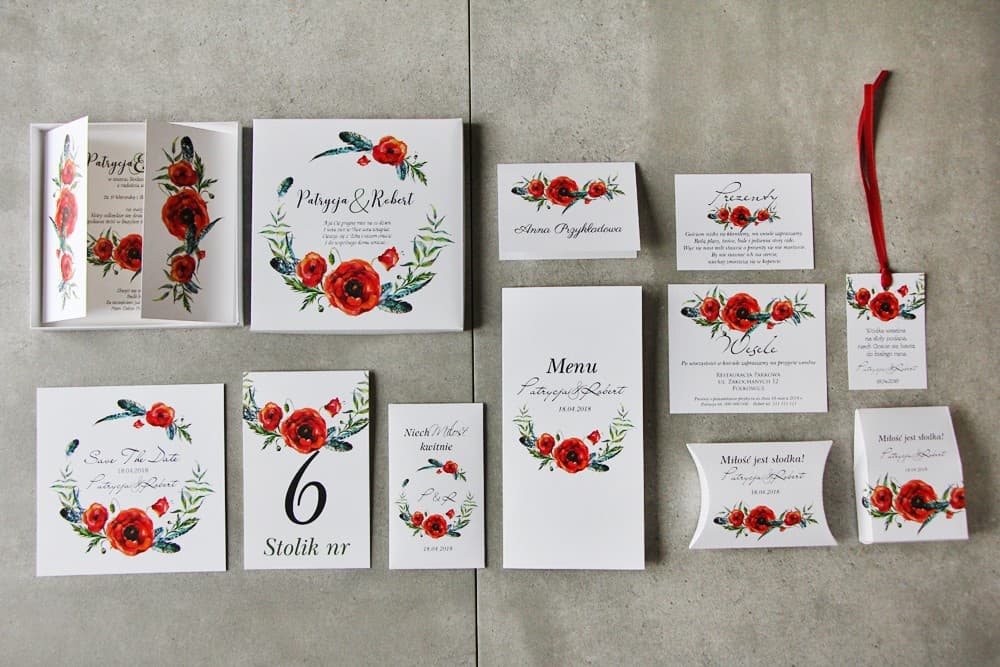 Zaproszenia w Pudełku Pistacjowe nr 19 – Maki i Piórka