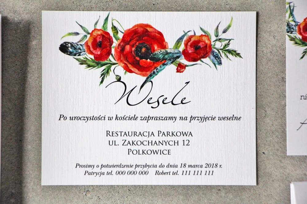 Wkładka do zaproszenia z czerwonymi makami na papierze lnianym | Bilecik informacyjny, RSVP | Pistacjowe nr 19