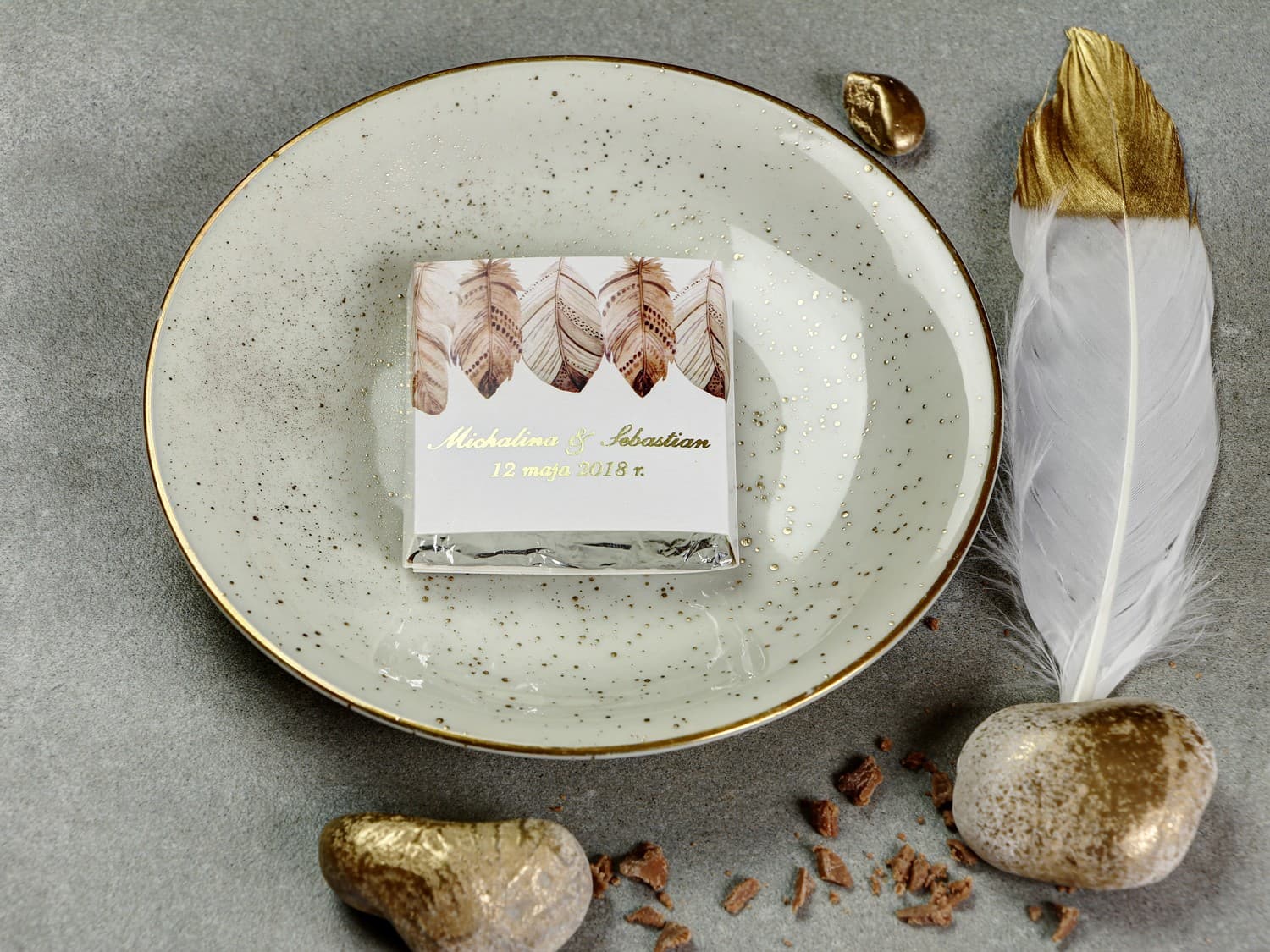 Złocone Czekoladki Ślubne z Piórkami Boho | Podziękowania dla Gości Weselnych | Sorento nr 10