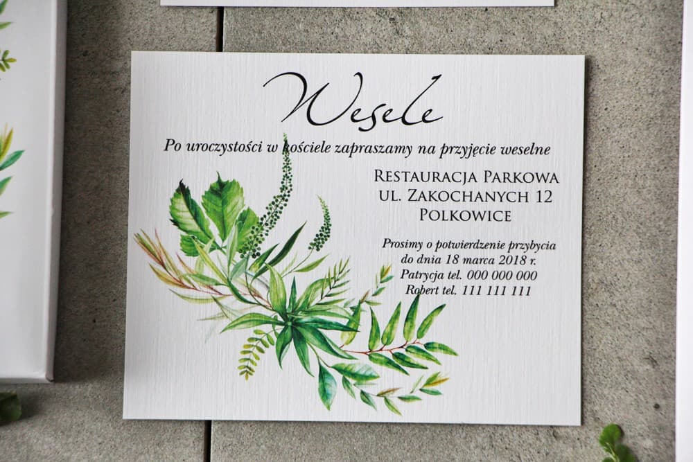 Botaniczne Wkładki do Zaproszeń Ślubnych z Liśćmi | Bileciki Informacyjne, RSVP | Pistacjowe nr 20