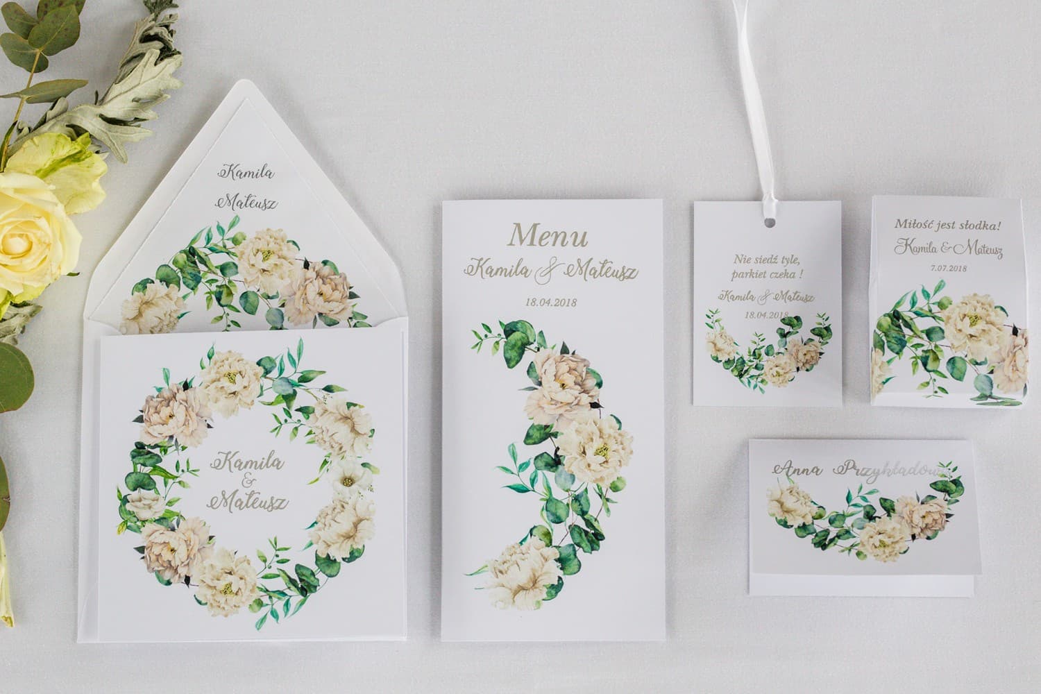 Zaproszenia ślubne glamour srebrzone z kremowymi piwoniami Cykade nr 15 - 2