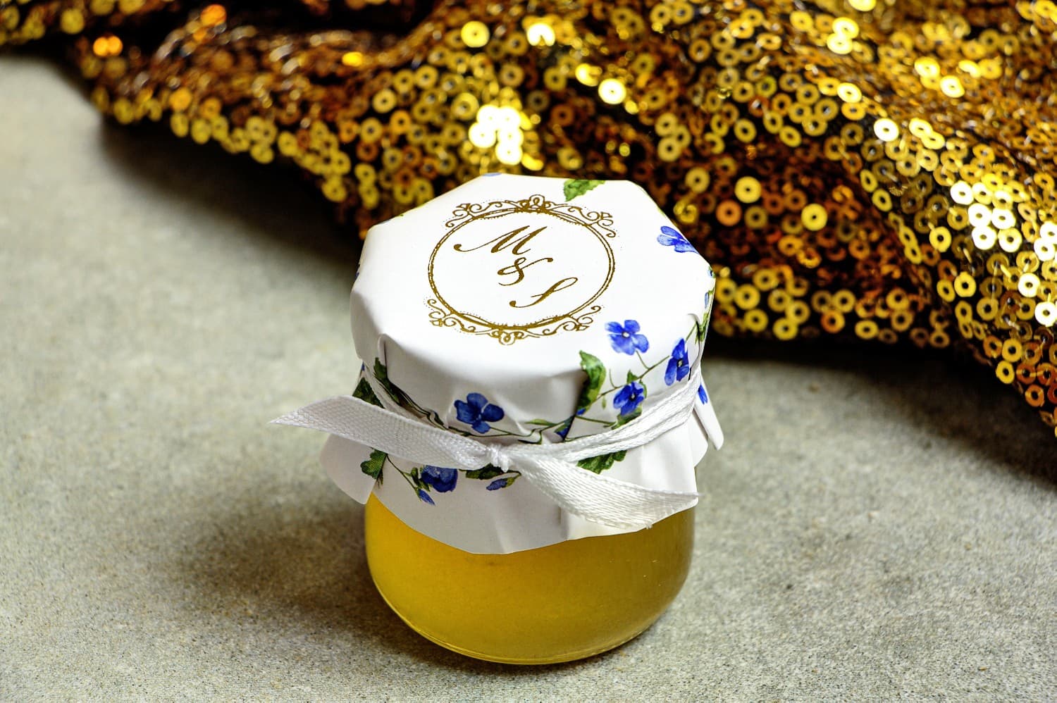 Złocone Miodki Ślubne Sorento nr 4 – Polski Miód z Motywem Niezapominajki