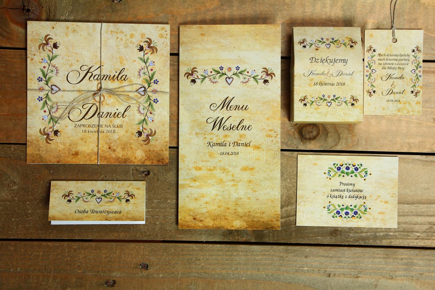 Zaproszenia ślubne kaszubskie z kolorowym wzorem i jutowym sznurkiem – Folk nr 3 - 3