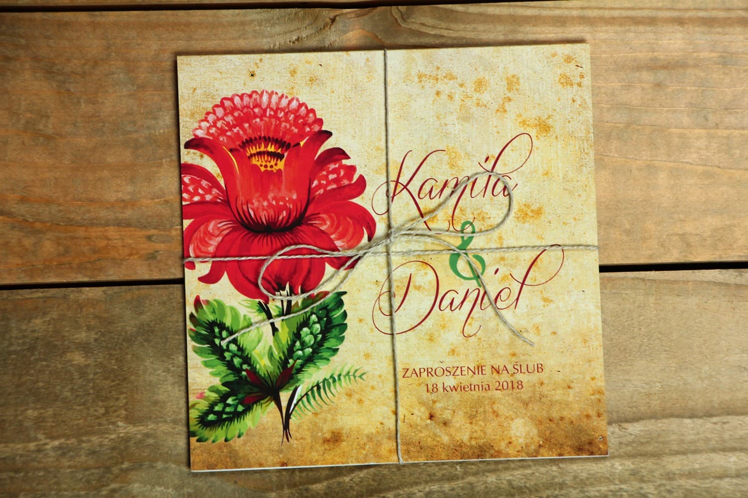 Zaproszenia ślubne w stylu folk z barwnymi kwiatami i sznurkiem – Folk nr 5 - 2