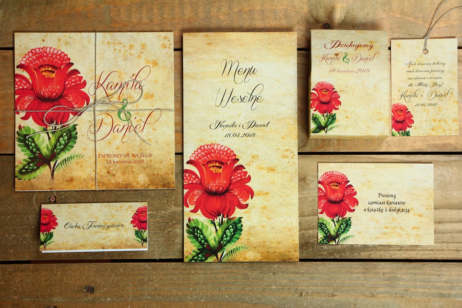 Zaproszenia ślubne w stylu folk z barwnymi kwiatami i sznurkiem – Folk nr 5 - 3