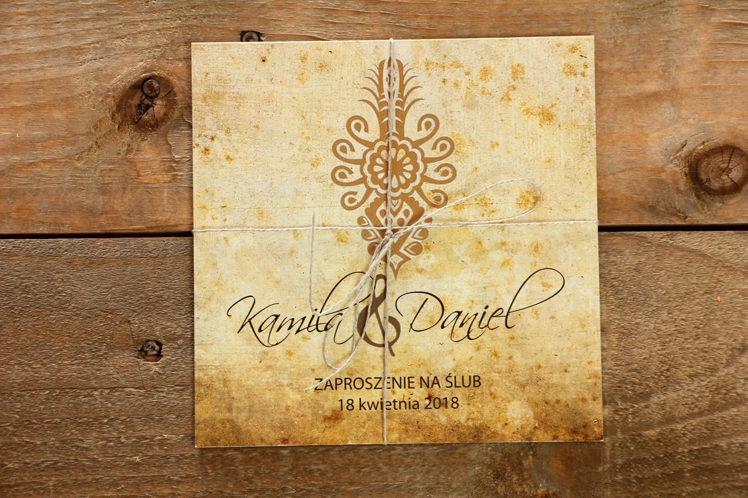 Zaproszenia ślubne folkowe z parzenicą i naturalnym sznurkiem Folk nr 6 - 2