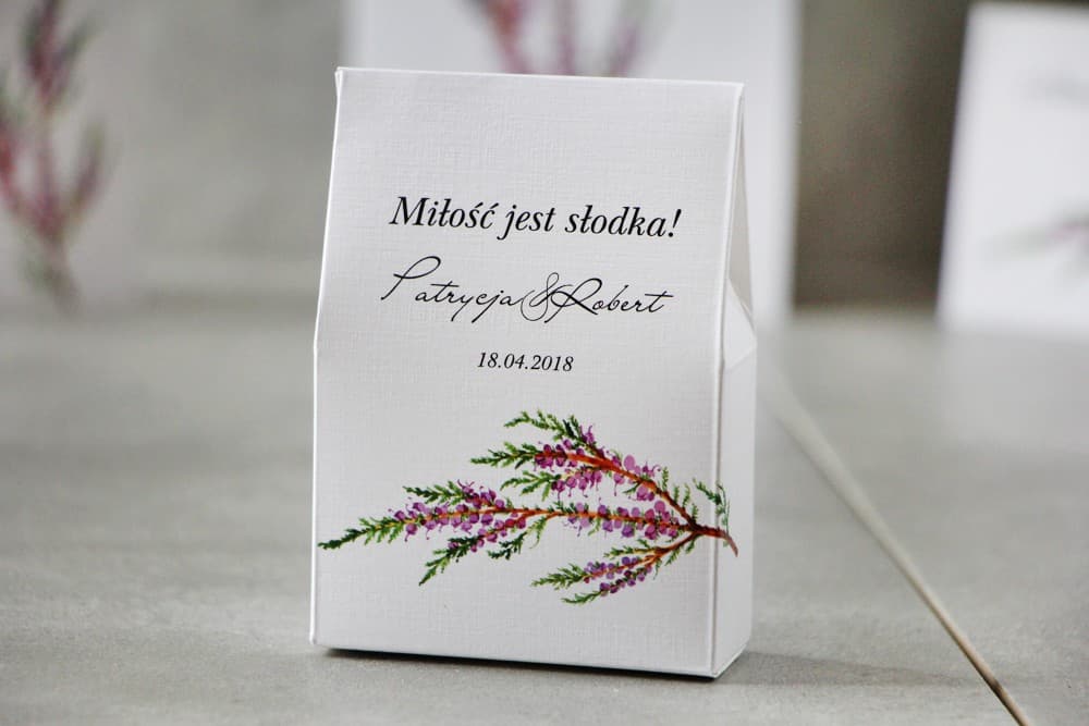 Pudełeczka podziękowania dla gości Akwarelowy Wrzos | Upominki weselne ze słodyczami | Pistacjowe nr 22