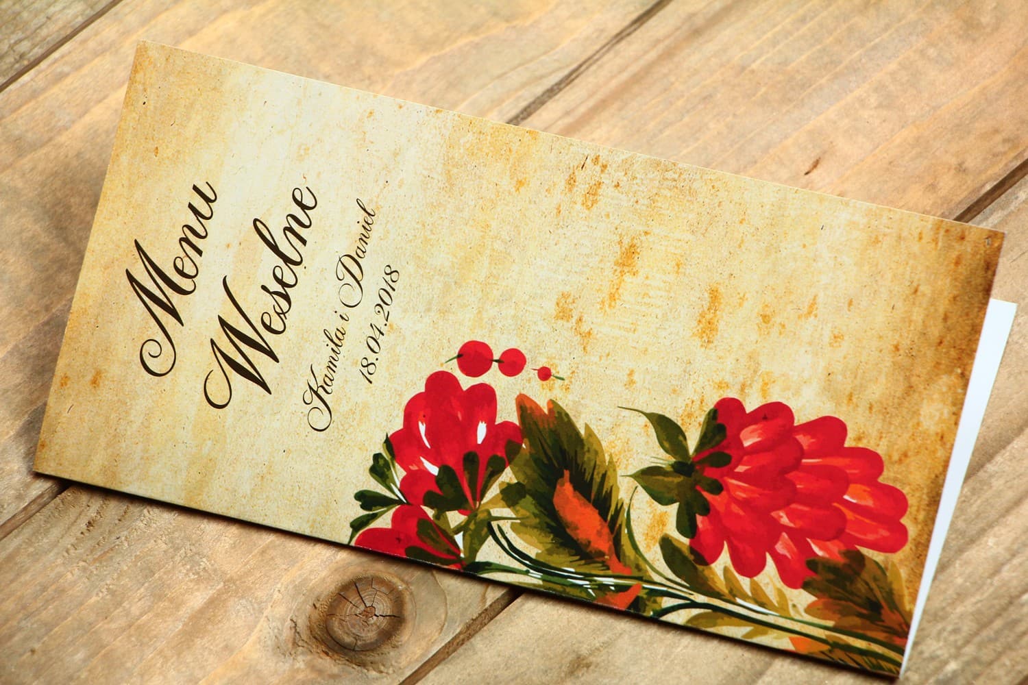 Rustykalne Menu Weselne Składane z Czerwonymi Kwiatami | Tradycyjne Menu na Wesele Folk | Folk nr 7