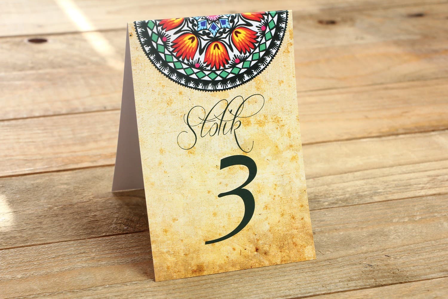 Numerki na stół weselny folkowe, kolorowe | Ludowe numery na stoły weselne łowickie | Folk nr 1