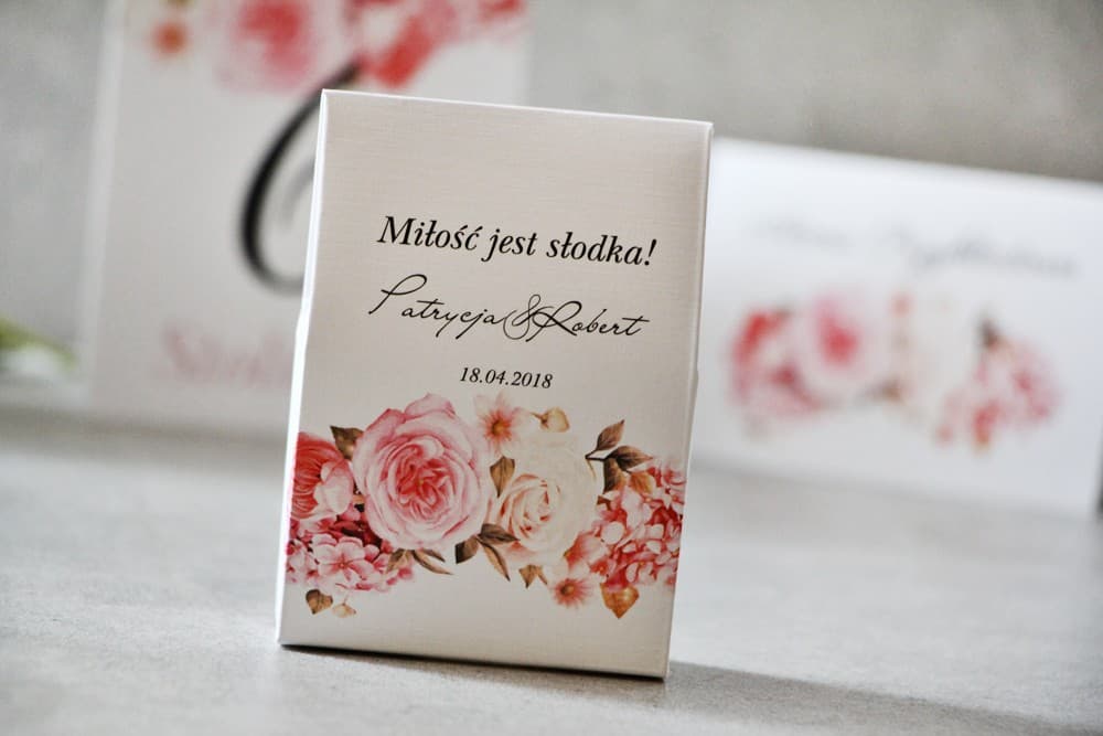 Pudełeczka z kwiatowym wzorem róż i hortensji | Podziękowania dla Gości Weselnych, Upominki | Pistacjowe nr 23