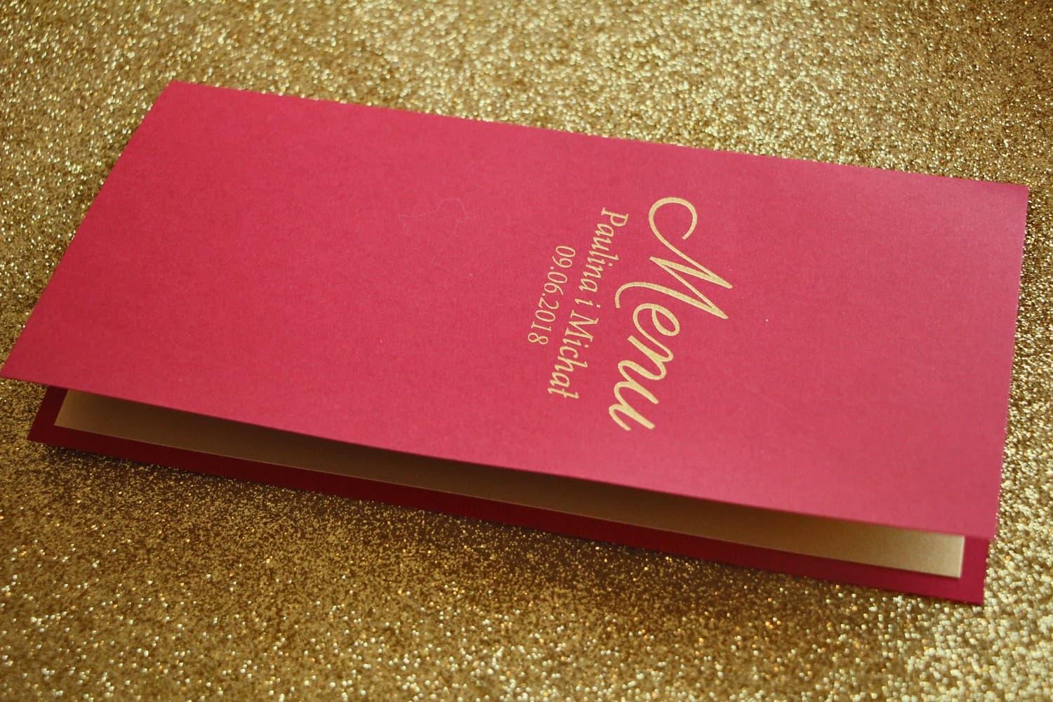 Bordowe Złocone Menu Weselne, Elegancka Karta Dań na Stół | Menu Weselne Glamour | Glamour Nr 2