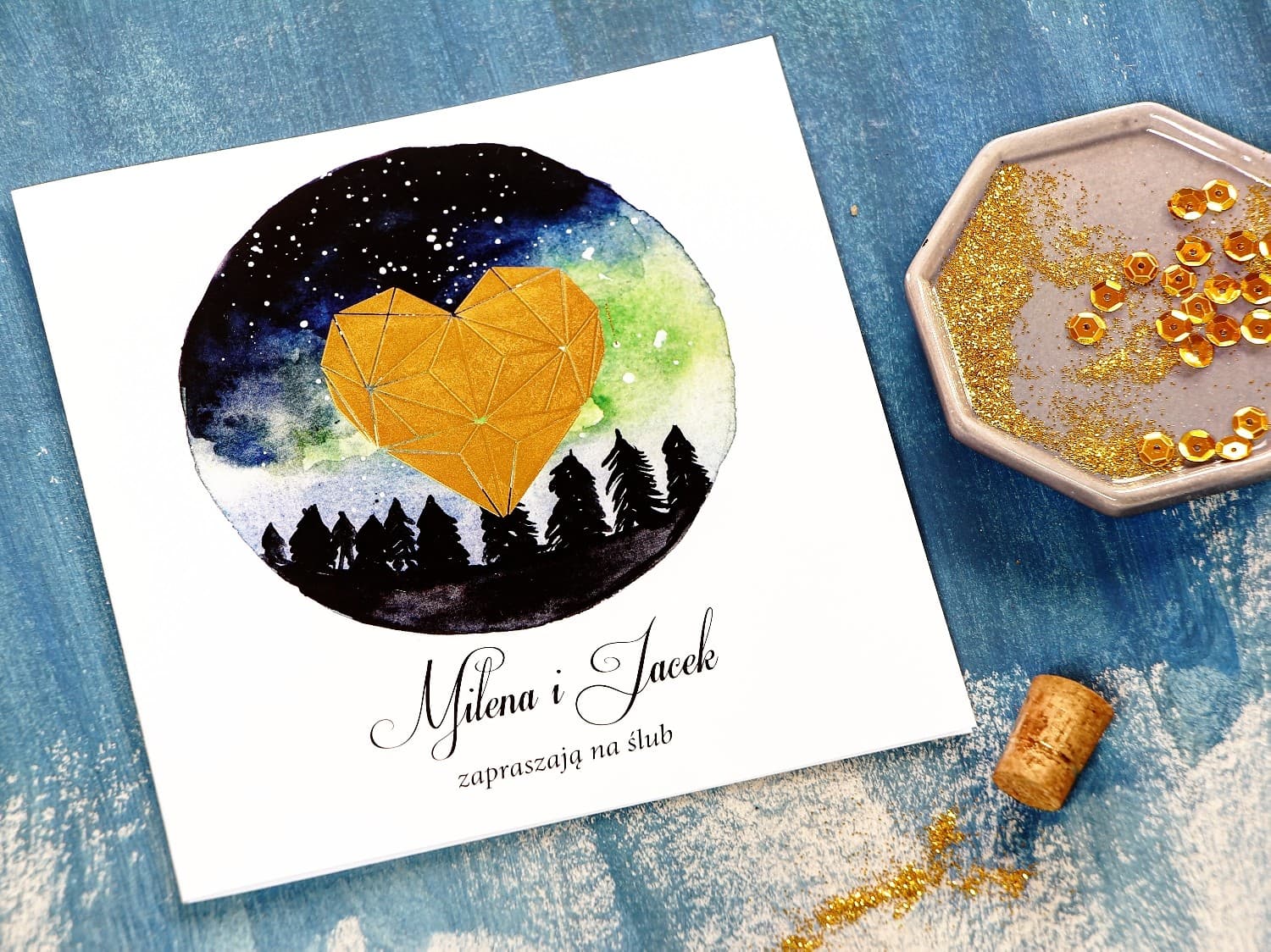 Zaproszenia ślubne granatowe w stylu glamour ze złoconym sercem – Księżycowa Noc nr 4