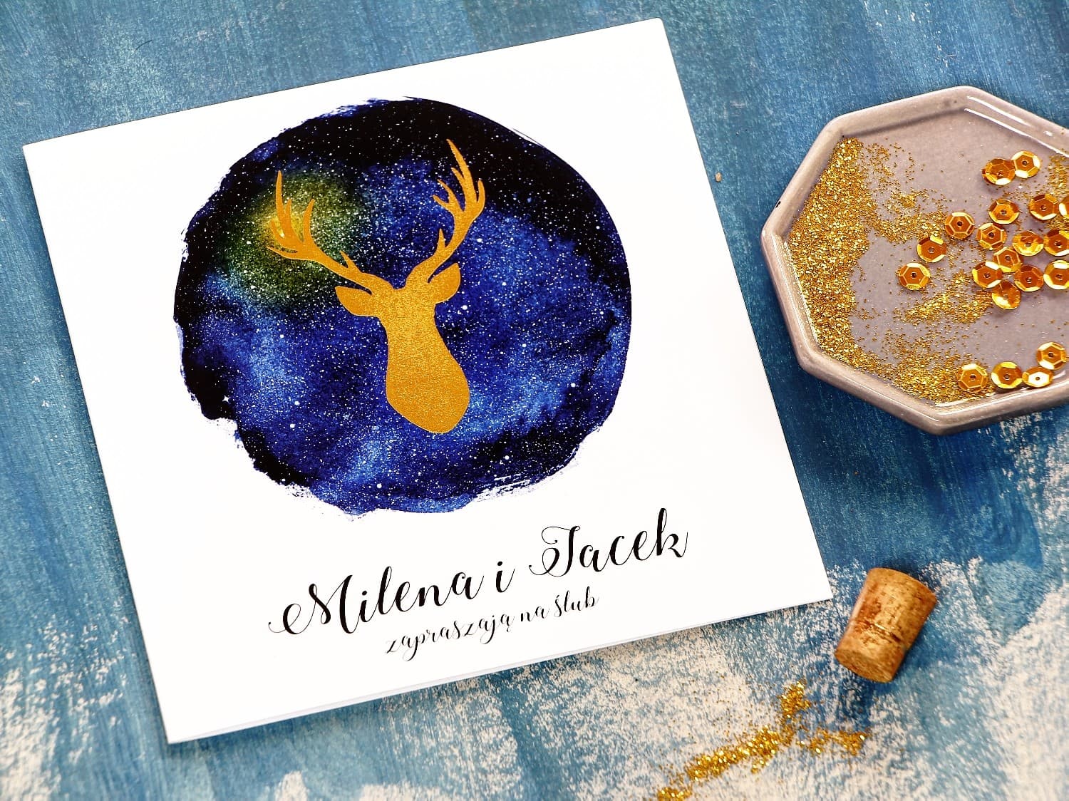 Zaproszenia ślubne glamour granatowe ze złoconym jeleniem – Księżycowa Noc nr 5