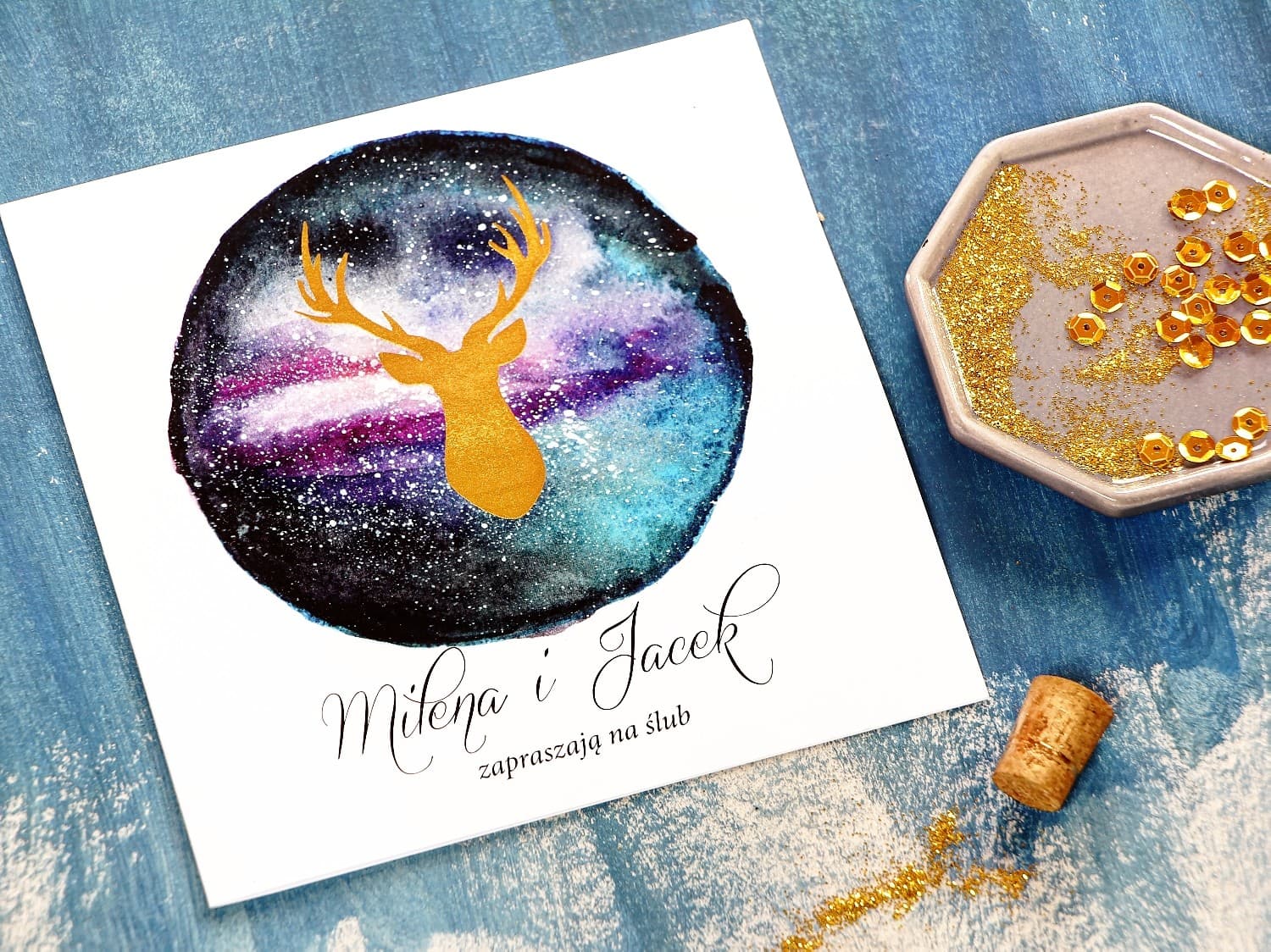 Zaproszenia ślubne złocone z jeleniem i motywem fioletowego nieba – Księżycowa Noc nr 8